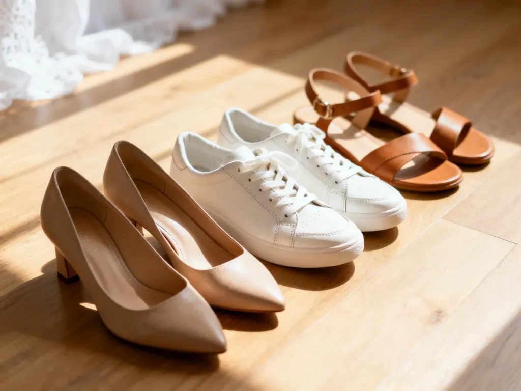 Różnorodne modele damskiego obuwia, od eleganckich szpilek po białe sneakersy, ułożone na drewnianej podłodze.