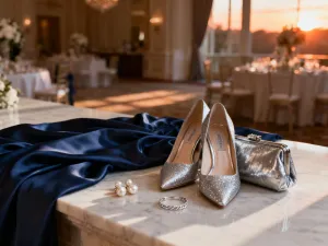 Eleganckie sandały na obcasie w kolorze srebrnym i beżowym zestawione z fuksjową tkaniną, idealne jako inspiracja weselna.
