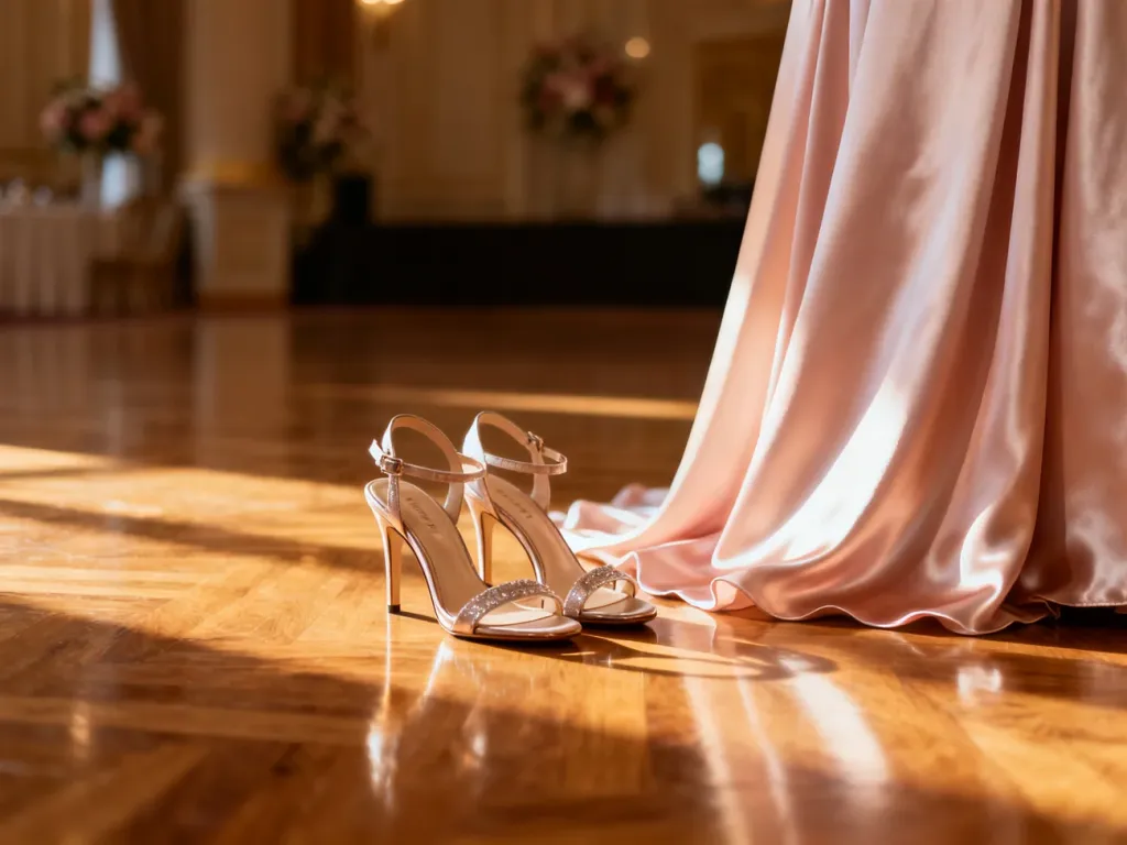 Eleganckie sandały na obcasie zestawione z długą sukienką w pastelowym kolorze, idealne na weselną stylizację.