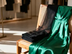 Eleganckie srebrne szpilki na marmurowej podłodze w otoczeniu świątecznych świateł, idealnie pasujące do cekinowej sukienki.