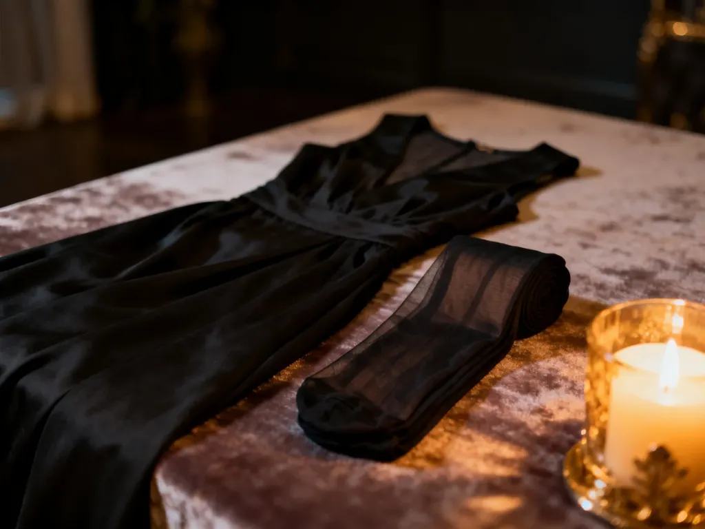 Eleganckie czarne rajstopy obok klasycznej sukienki na aksamitnym tle w nastrojowym, wieczorowym oświetleniu.